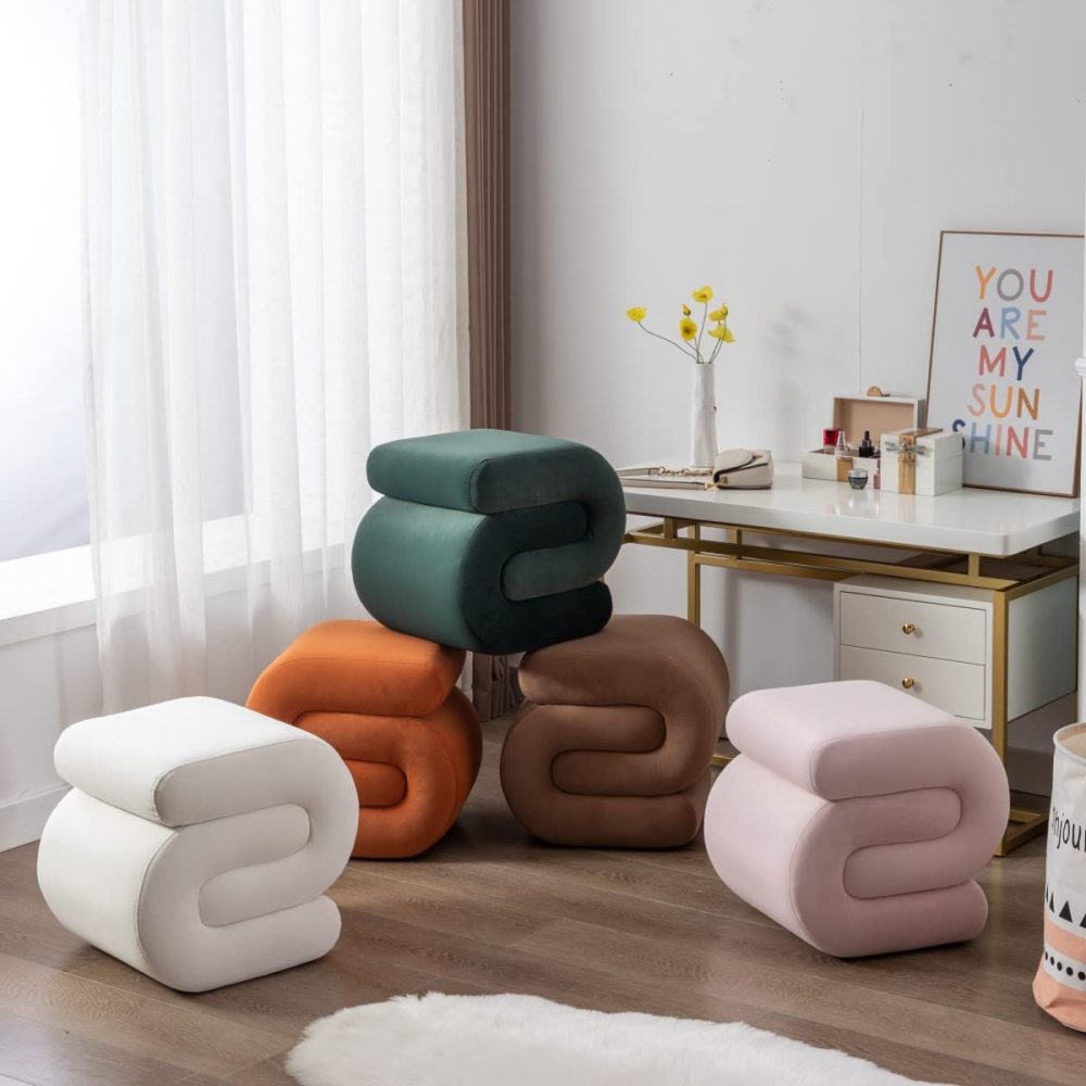 SZLIZCCC S-Shape Velvet Ottoman, Vanity Stool Upholstered Footrest Ottoman Stool Dressing Chair Makeup Rest Stool Chair for Makeup, Living Room, Bedroom(White)
