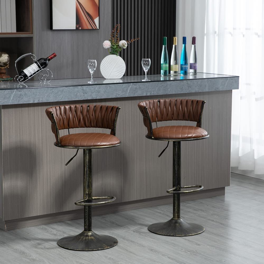 SZLIZCCC PU Leather Bar Stools Set of 1，Woven Counter Height Bar Chairs Mid-Century Modern Barstools 360° Swivel Adjustable Bar Chair with Retro Footrest High Back for Island, Dining Kitchen