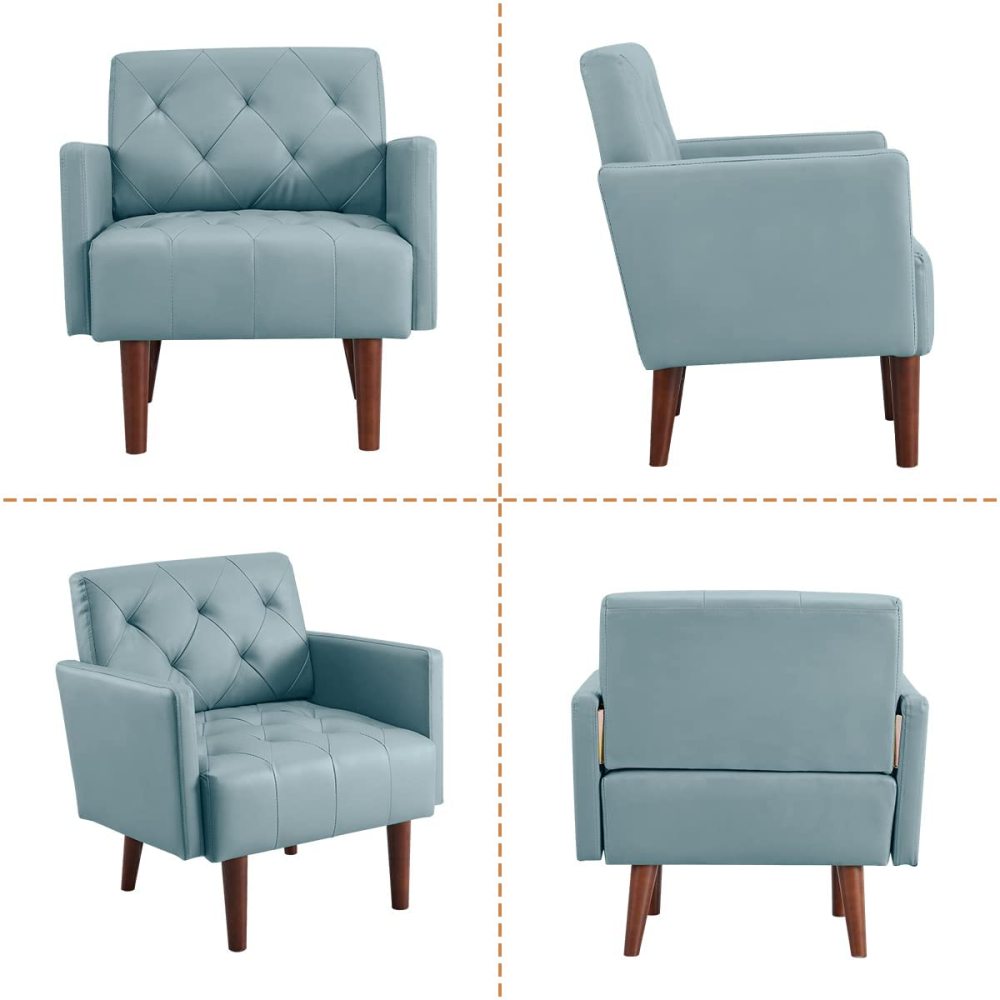 SZLIZCCC PU Leather Accent Chair, Mid Century Modern Armchair for Living Room Reading Tufted Chair Single Sofa High-Density Foam Cushion Solid Wood Legs for Home, Bedroom, Office, Reception(White)