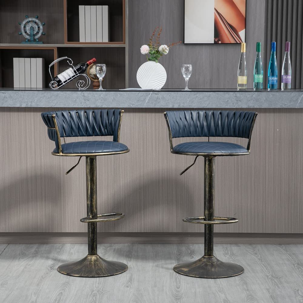 SZLIZCCC PU Leather Bar Stools Set of 1，Woven Counter Height Bar Chairs Mid-Century Modern Barstools 360° Swivel Adjustable Bar Chair with Retro Footrest High Back for Island, Dining Kitchen