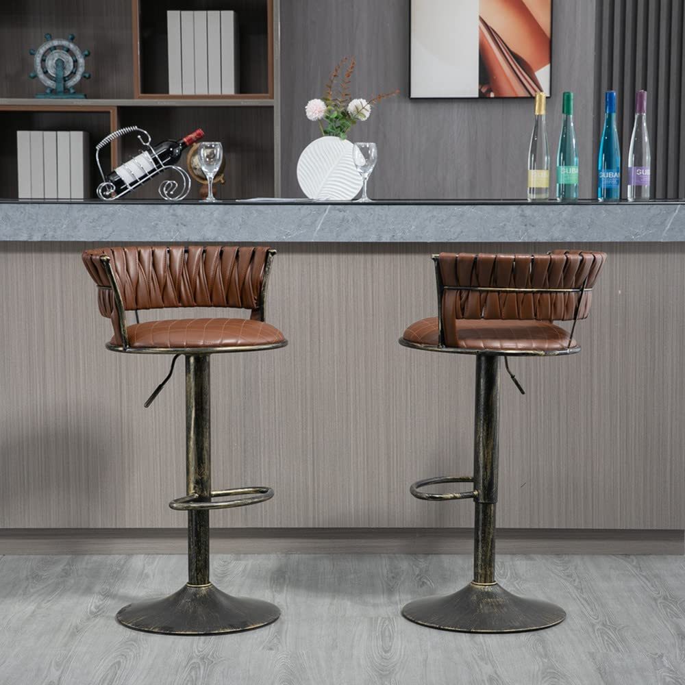 SZLIZCCC PU Leather Bar Stools Set of 1，Woven Counter Height Bar Chairs Mid-Century Modern Barstools 360° Swivel Adjustable Bar Chair with Retro Footrest High Back for Island, Dining Kitchen