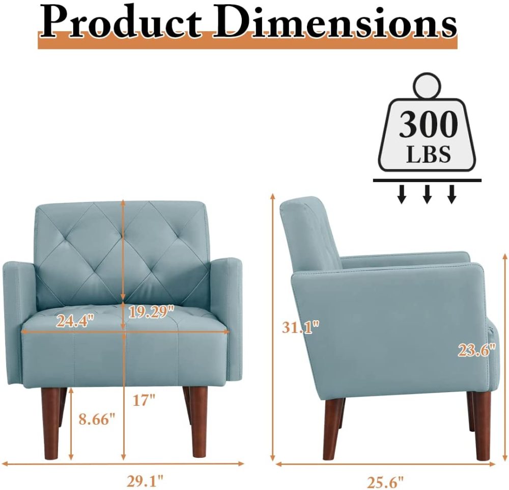 SZLIZCCC PU Leather Accent Chair, Mid Century Modern Armchair for Living Room Reading Tufted Chair Single Sofa High-Density Foam Cushion Solid Wood Legs for Home, Bedroom, Office, Reception(White)