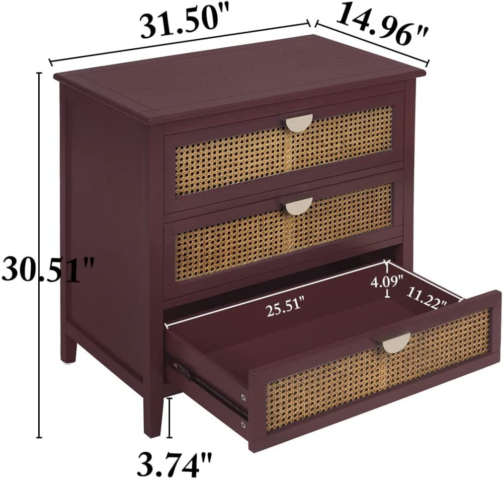 SZLIZCCC 3 Drawer Dresser, Rattan Drawer Chest Modern Wood Storage Chest of Drawers with Metal Handles Storage Dresser for Kids Bedroom, Living Room, Hallway, Entryway (Grey)