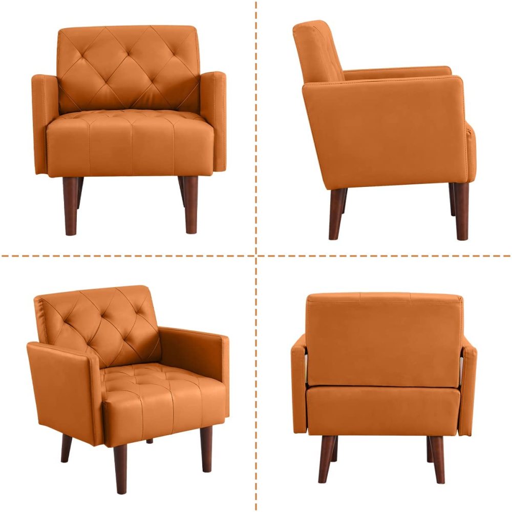 SZLIZCCC PU Leather Accent Chair, Mid Century Modern Armchair for Living Room Reading Tufted Chair Single Sofa High-Density Foam Cushion Solid Wood Legs for Home, Bedroom, Office, Reception(White)