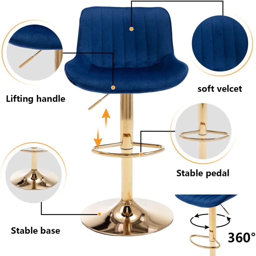 SZLIZCCC Bar Stools Set of 2, 360° Swivel Barstools with Golden Base, Adjustable Airlift Counter Height Bar Stool Velvet Bar Chair with Padded Back for Kitchen, Home Bar, Pub Cafe( Black)