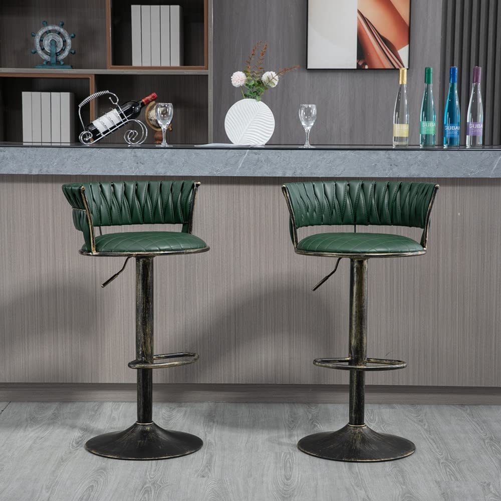 SZLIZCCC PU Leather Bar Stools Set of 1，Woven Counter Height Bar Chairs Mid-Century Modern Barstools 360° Swivel Adjustable Bar Chair with Retro Footrest High Back for Island, Dining Kitchen