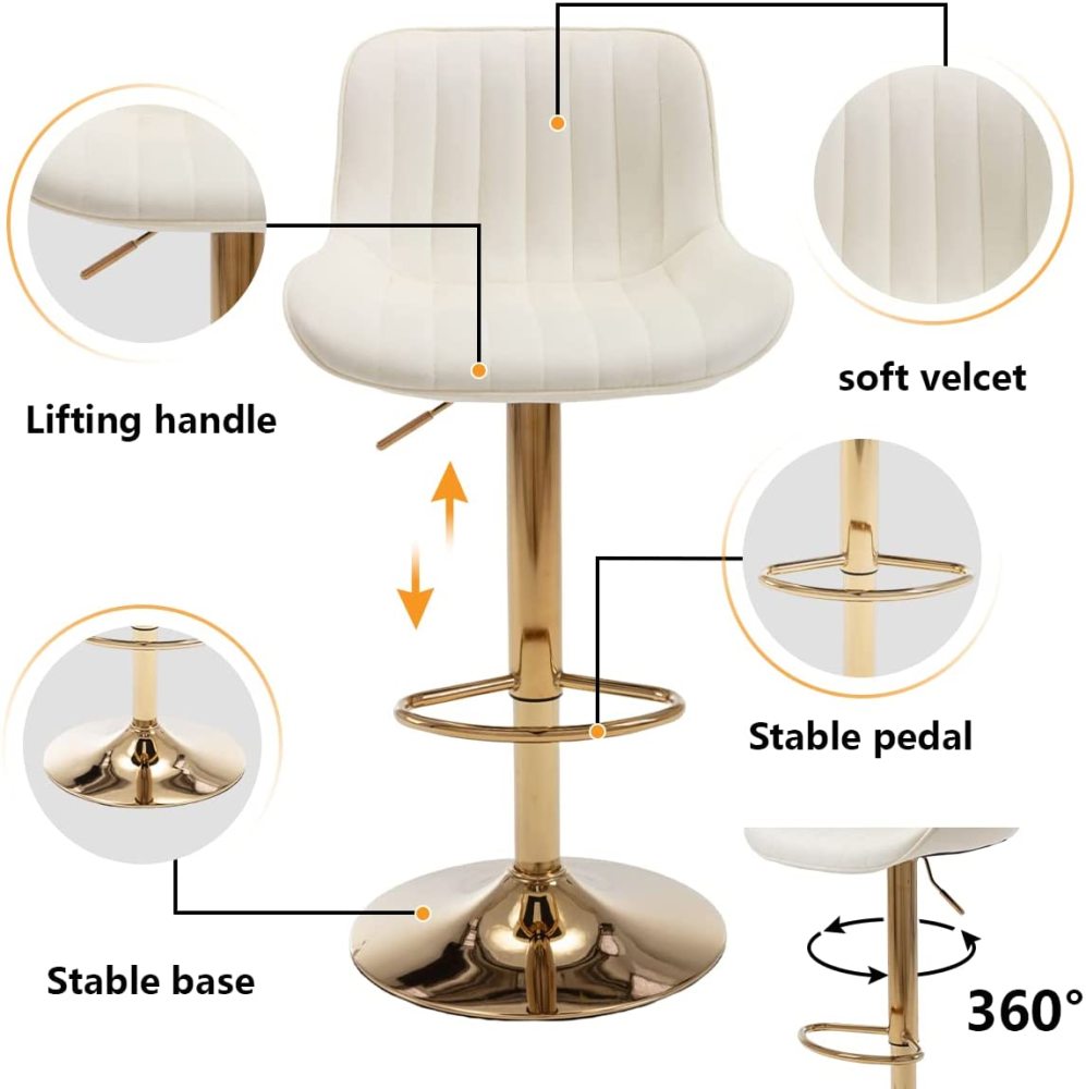 SZLIZCCC Bar Stools Set of 2, 360° Swivel Barstools with Golden Base, Adjustable Airlift Counter Height Bar Stool Velvet Bar Chair with Padded Back for Kitchen, Home Bar, Pub Cafe( Black)