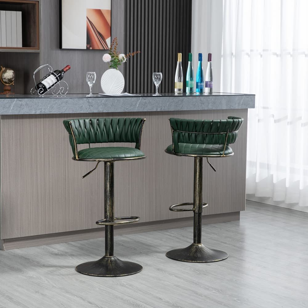 SZLIZCCC PU Leather Bar Stools Set of 1，Woven Counter Height Bar Chairs Mid-Century Modern Barstools 360° Swivel Adjustable Bar Chair with Retro Footrest High Back for Island, Dining Kitchen