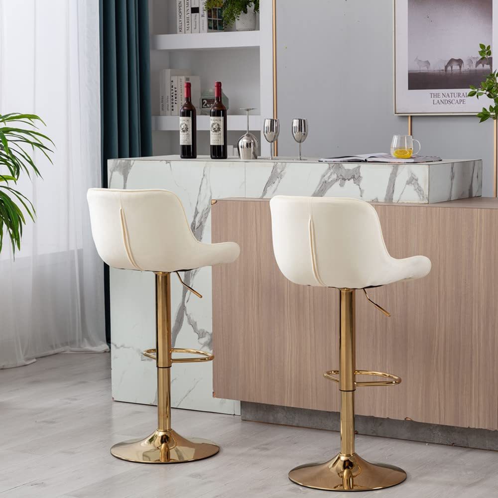 SZLIZCCC Bar Stools Set of 2, 360° Swivel Barstools with Golden Base, Adjustable Airlift Counter Height Bar Stool Velvet Bar Chair with Padded Back for Kitchen, Home Bar, Pub Cafe( Black)