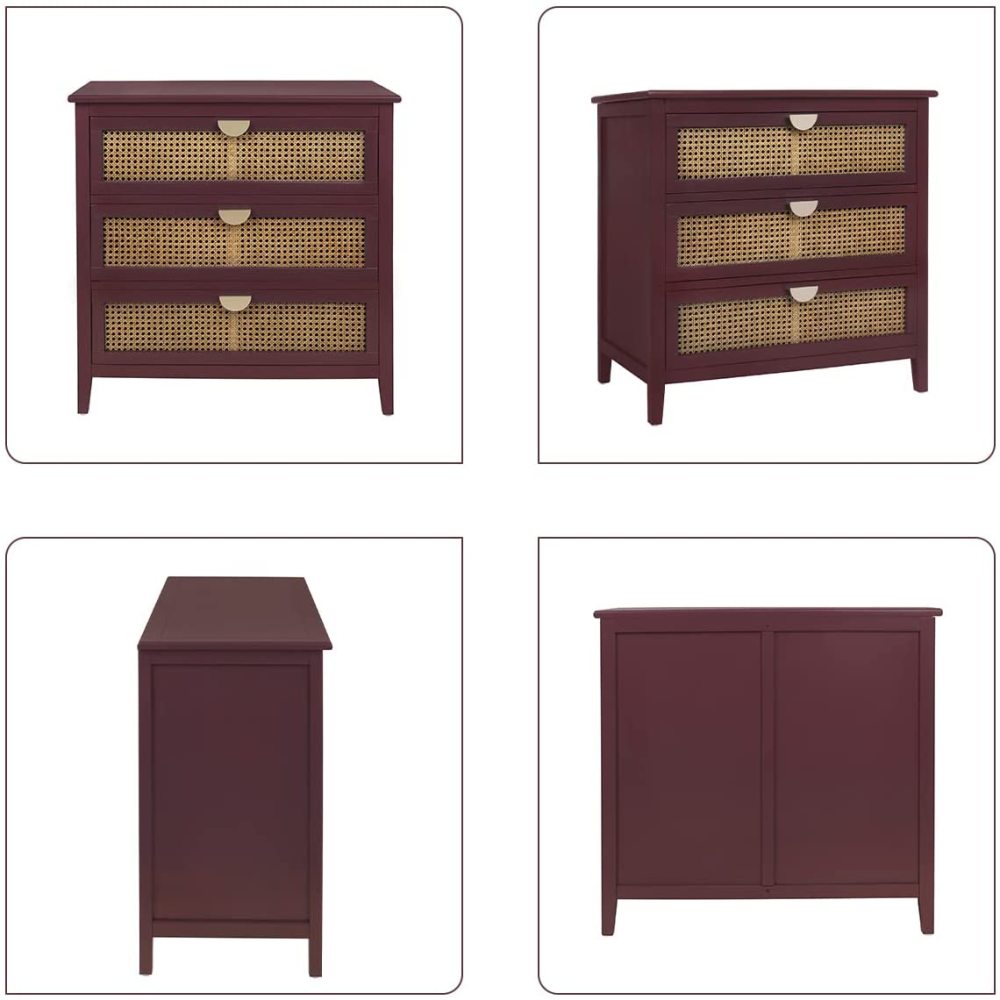 SZLIZCCC 3 Drawer Dresser, Rattan Drawer Chest Modern Wood Storage Chest of Drawers with Metal Handles Storage Dresser for Kids Bedroom, Living Room, Hallway, Entryway (Grey)