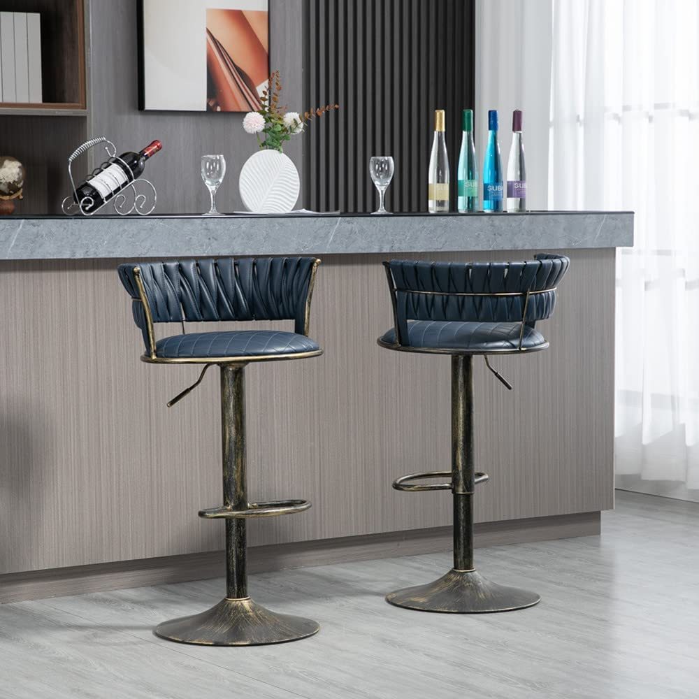 SZLIZCCC PU Leather Bar Stools Set of 1，Woven Counter Height Bar Chairs Mid-Century Modern Barstools 360° Swivel Adjustable Bar Chair with Retro Footrest High Back for Island, Dining Kitchen
