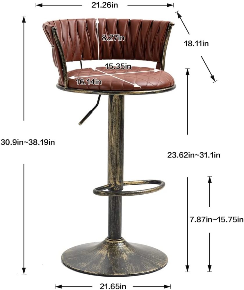 SZLIZCCC PU Leather Bar Stools Set of 1，Woven Counter Height Bar Chairs Mid-Century Modern Barstools 360° Swivel Adjustable Bar Chair with Retro Footrest High Back for Island, Dining Kitchen