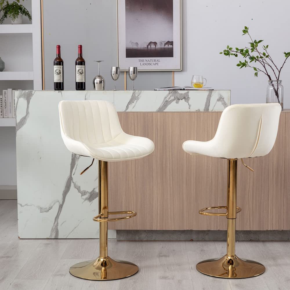 SZLIZCCC Bar Stools Set of 2, 360° Swivel Barstools with Golden Base, Adjustable Airlift Counter Height Bar Stool Velvet Bar Chair with Padded Back for Kitchen, Home Bar, Pub Cafe( Black)
