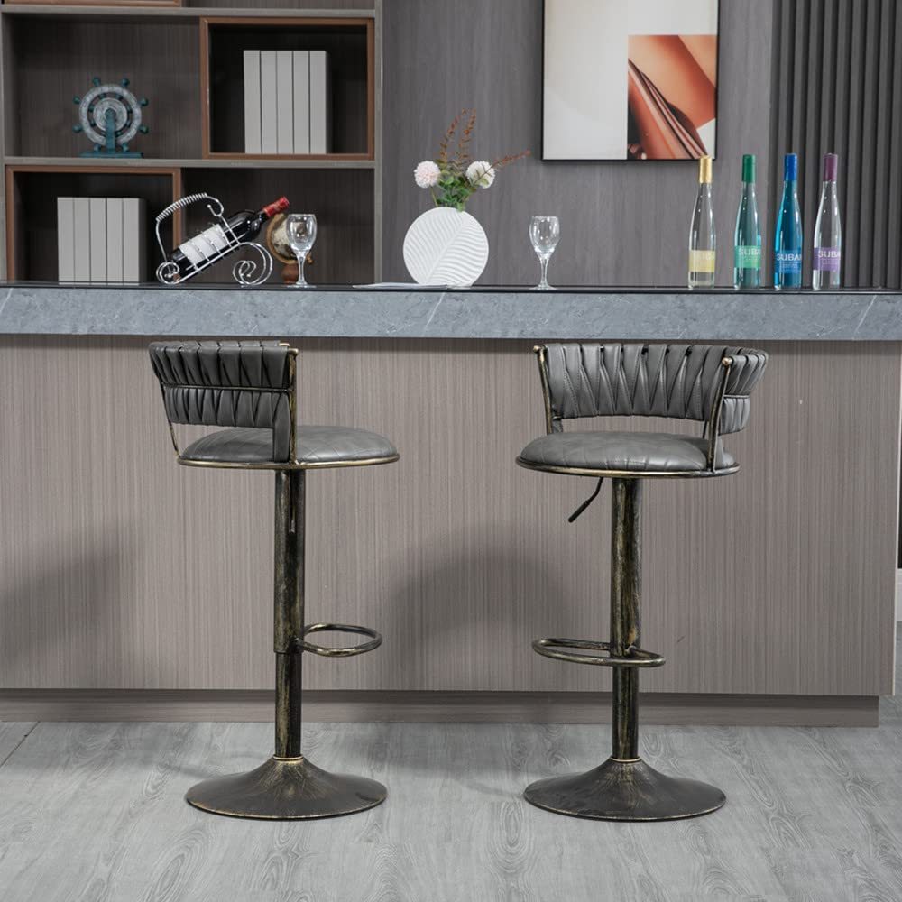 SZLIZCCC PU Leather Bar Stools Set of 1，Woven Counter Height Bar Chairs Mid-Century Modern Barstools 360° Swivel Adjustable Bar Chair with Retro Footrest High Back for Island, Dining Kitchen