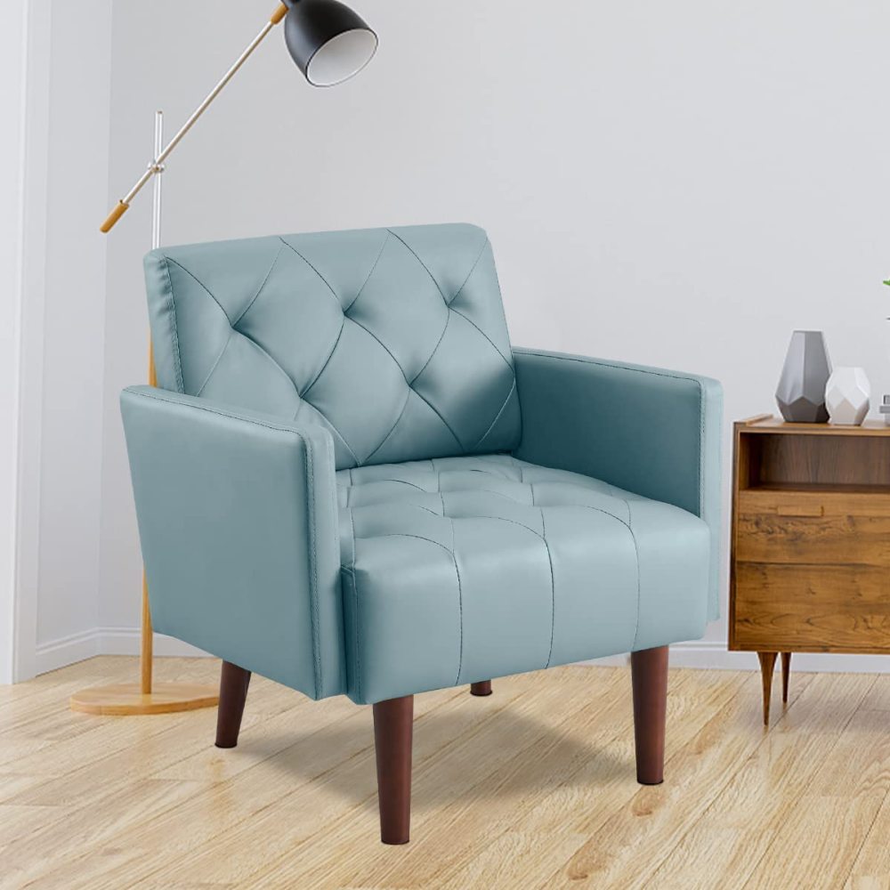 SZLIZCCC PU Leather Accent Chair, Mid Century Modern Armchair for Living Room Reading Tufted Chair Single Sofa High-Density Foam Cushion Solid Wood Legs for Home, Bedroom, Office, Reception(White)