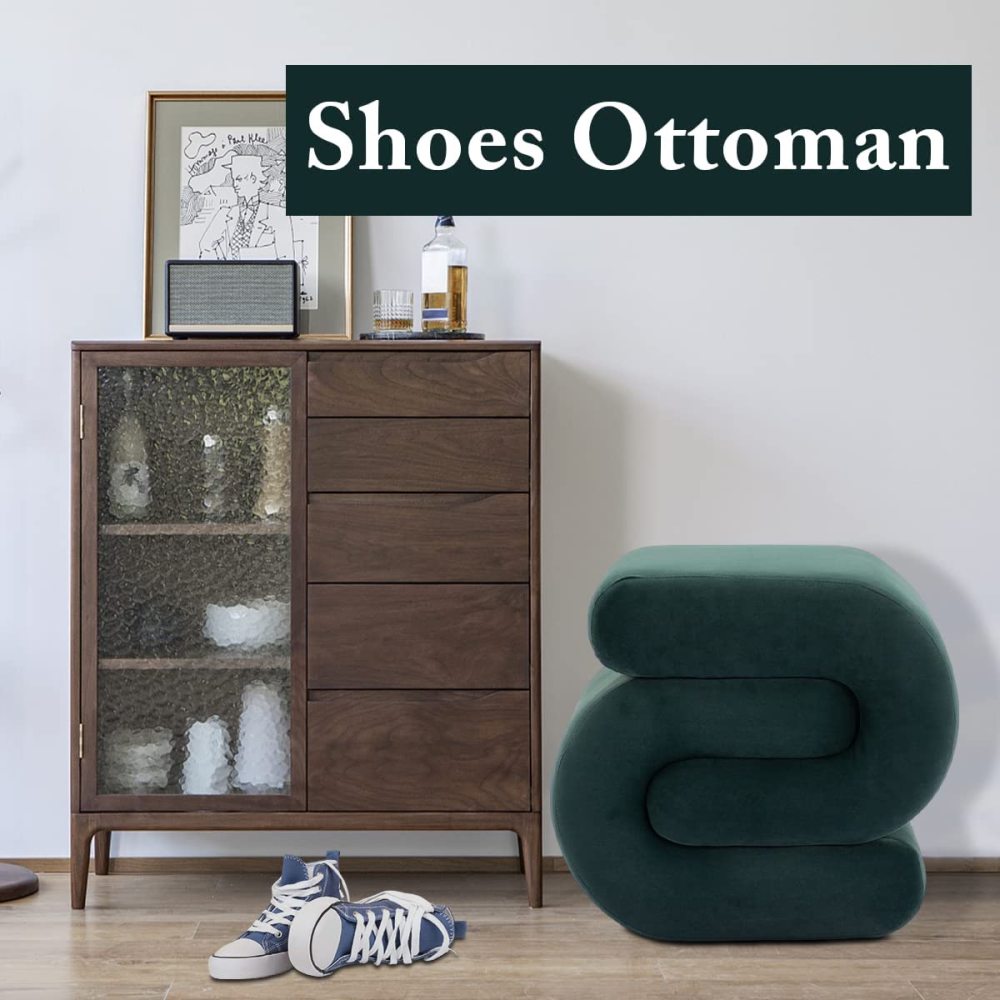 SZLIZCCC S-Shape Velvet Ottoman, Vanity Stool Upholstered Footrest Ottoman Stool Dressing Chair Makeup Rest Stool Chair for Makeup, Living Room, Bedroom(White)