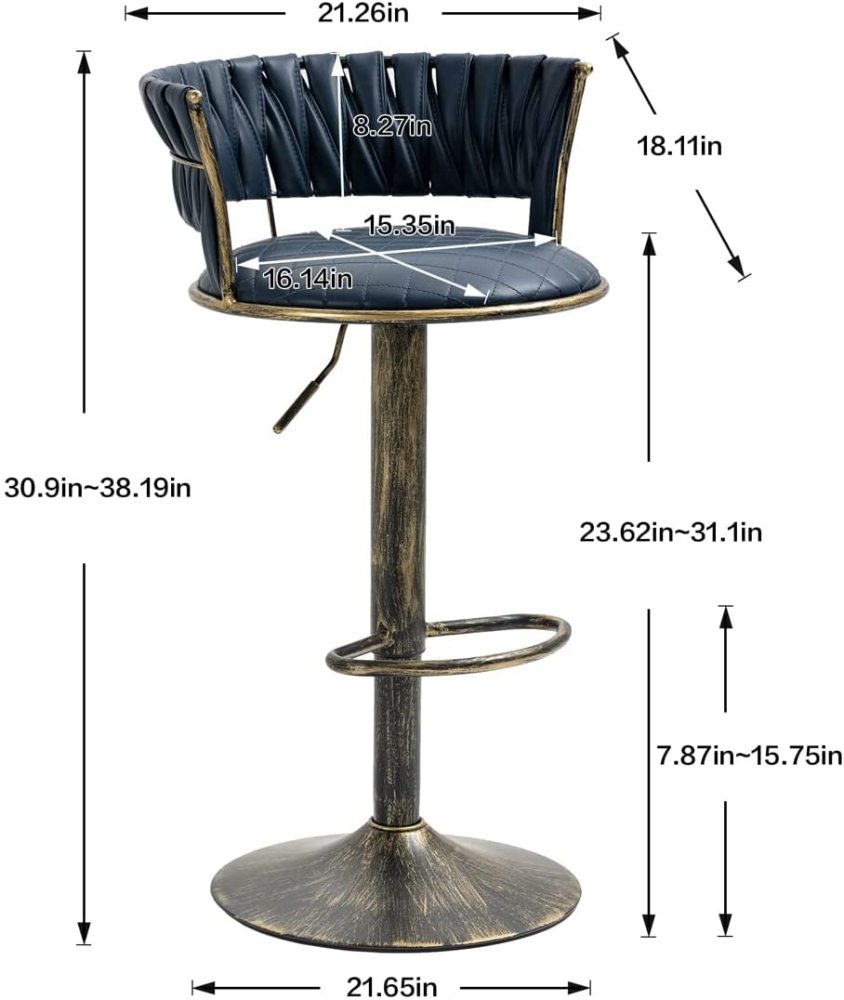 SZLIZCCC PU Leather Bar Stools Set of 1，Woven Counter Height Bar Chairs Mid-Century Modern Barstools 360° Swivel Adjustable Bar Chair with Retro Footrest High Back for Island, Dining Kitchen