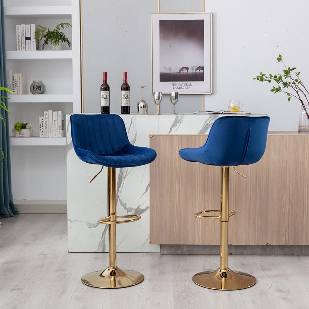 SZLIZCCC Bar Stools Set of 2, 360° Swivel Barstools with Golden Base, Adjustable Airlift Counter Height Bar Stool Velvet Bar Chair with Padded Back for Kitchen, Home Bar, Pub Cafe( Black)