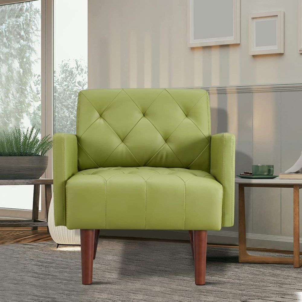 SZLIZCCC PU Leather Accent Chair, Mid Century Modern Armchair for Living Room Reading Tufted Chair Single Sofa High-Density Foam Cushion Solid Wood Legs for Home, Bedroom, Office, Reception(White)