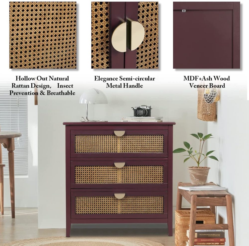 SZLIZCCC 3 Drawer Dresser, Rattan Drawer Chest Modern Wood Storage Chest of Drawers with Metal Handles Storage Dresser for Kids Bedroom, Living Room, Hallway, Entryway (Grey)