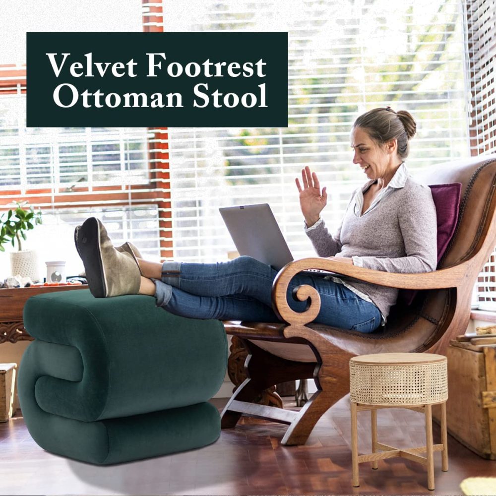 SZLIZCCC S-Shape Velvet Ottoman, Vanity Stool Upholstered Footrest Ottoman Stool Dressing Chair Makeup Rest Stool Chair for Makeup, Living Room, Bedroom(White)