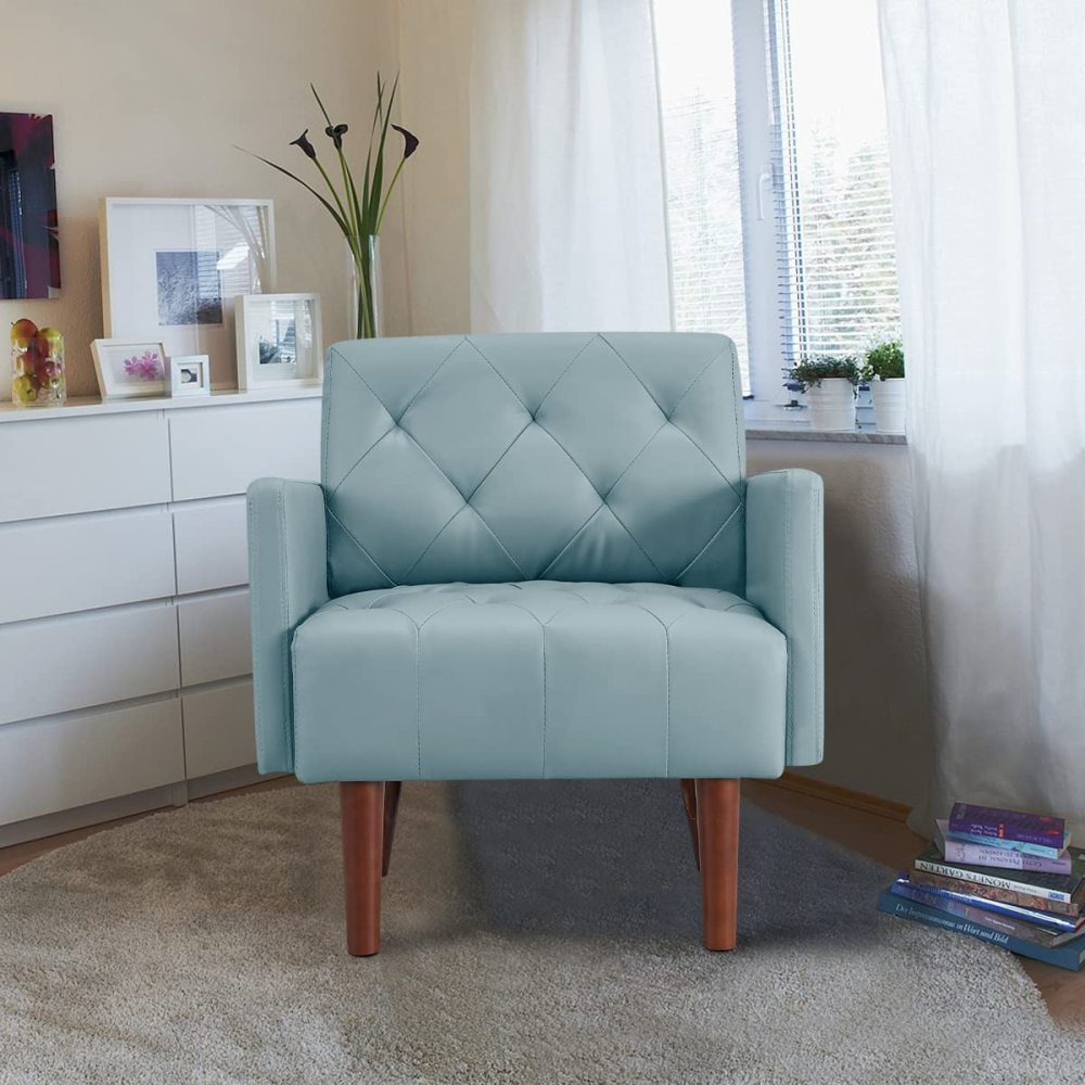 SZLIZCCC PU Leather Accent Chair, Mid Century Modern Armchair for Living Room Reading Tufted Chair Single Sofa High-Density Foam Cushion Solid Wood Legs for Home, Bedroom, Office, Reception(White)