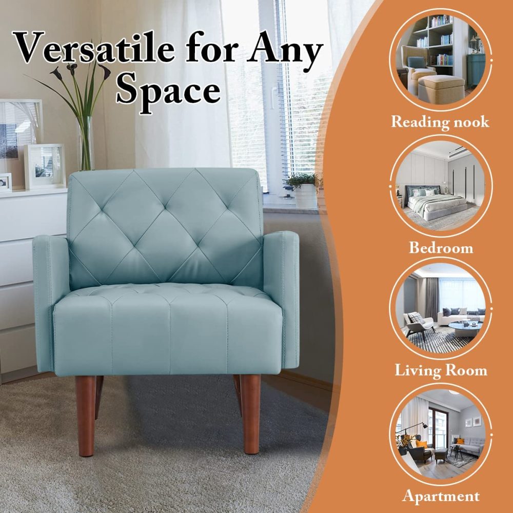 SZLIZCCC PU Leather Accent Chair, Mid Century Modern Armchair for Living Room Reading Tufted Chair Single Sofa High-Density Foam Cushion Solid Wood Legs for Home, Bedroom, Office, Reception(White)