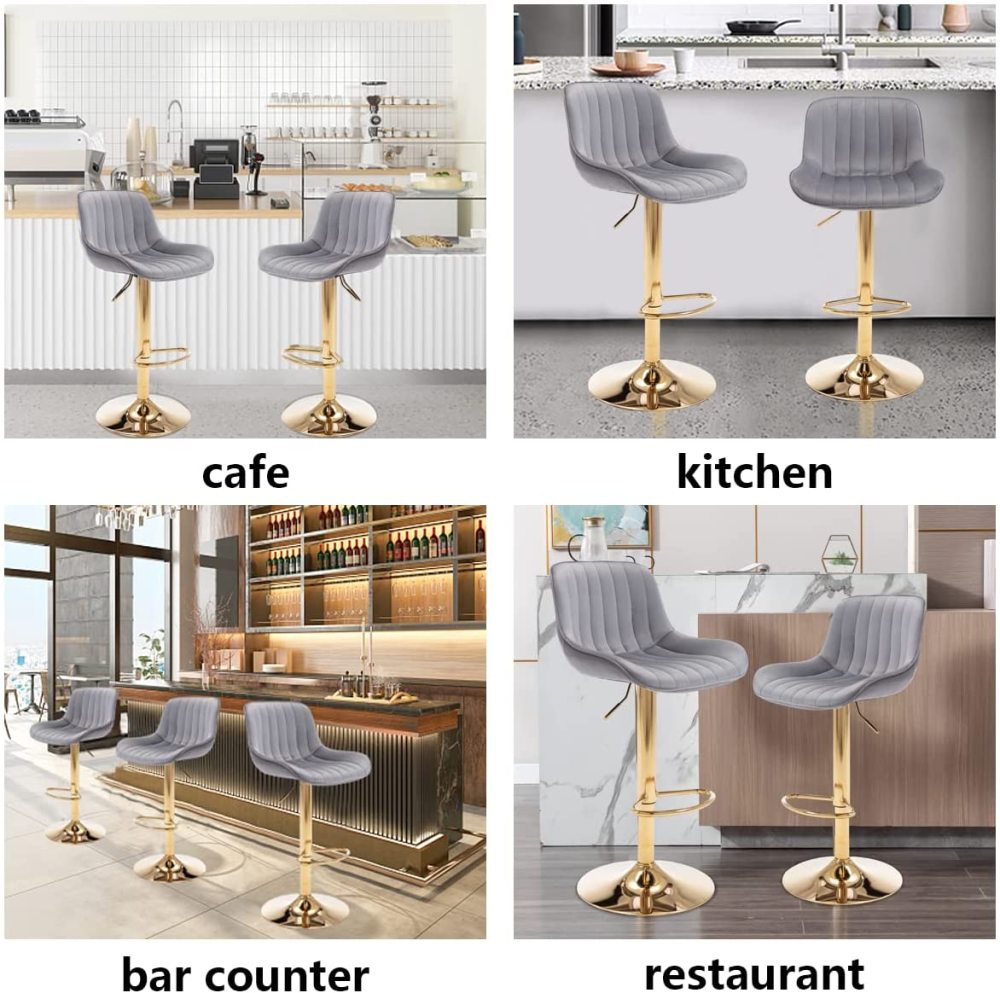 SZLIZCCC Bar Stools Set of 2, 360° Swivel Barstools with Golden Base, Adjustable Airlift Counter Height Bar Stool Velvet Bar Chair with Padded Back for Kitchen, Home Bar, Pub Cafe( Black)