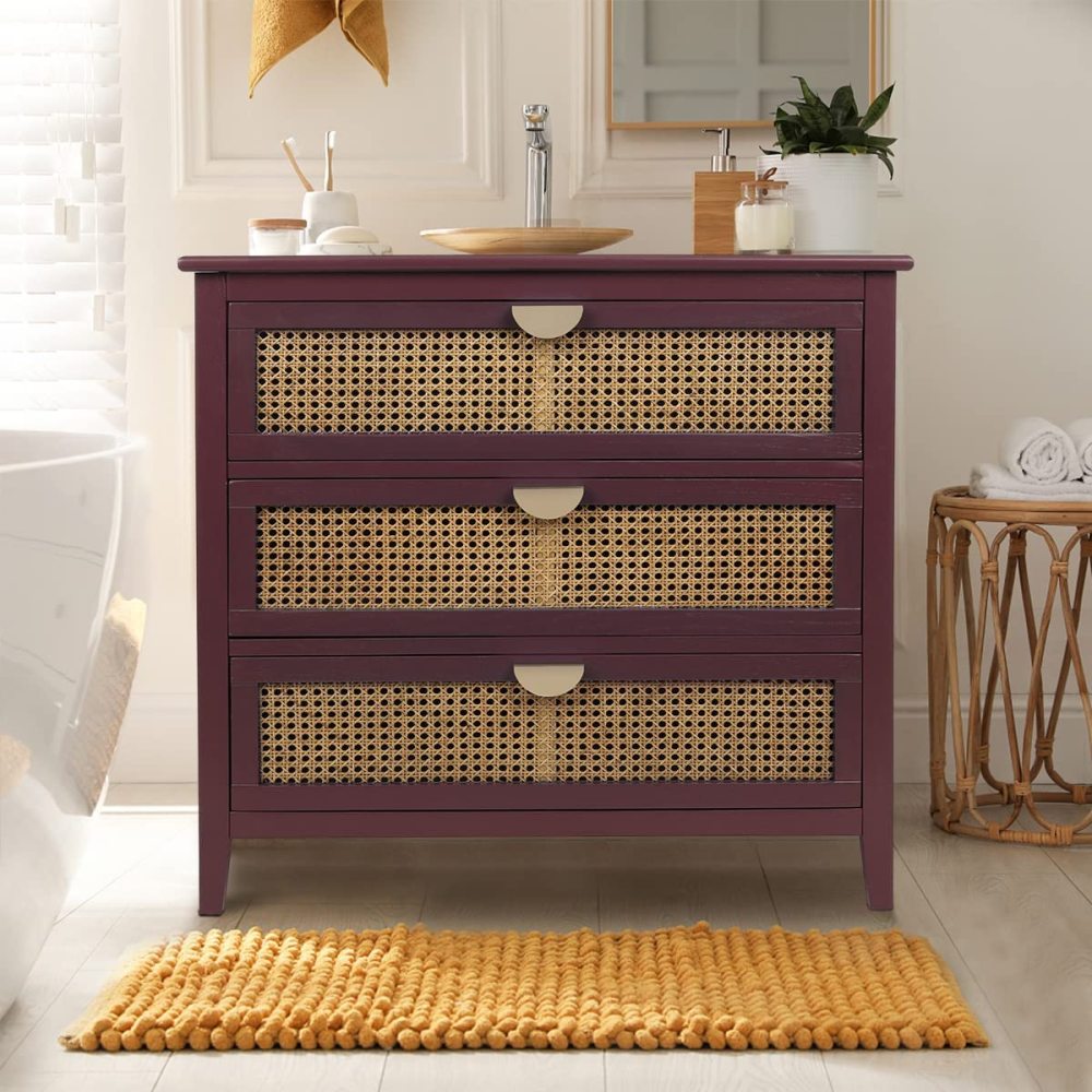 SZLIZCCC 3 Drawer Dresser, Rattan Drawer Chest Modern Wood Storage Chest of Drawers with Metal Handles Storage Dresser for Kids Bedroom, Living Room, Hallway, Entryway (Grey)