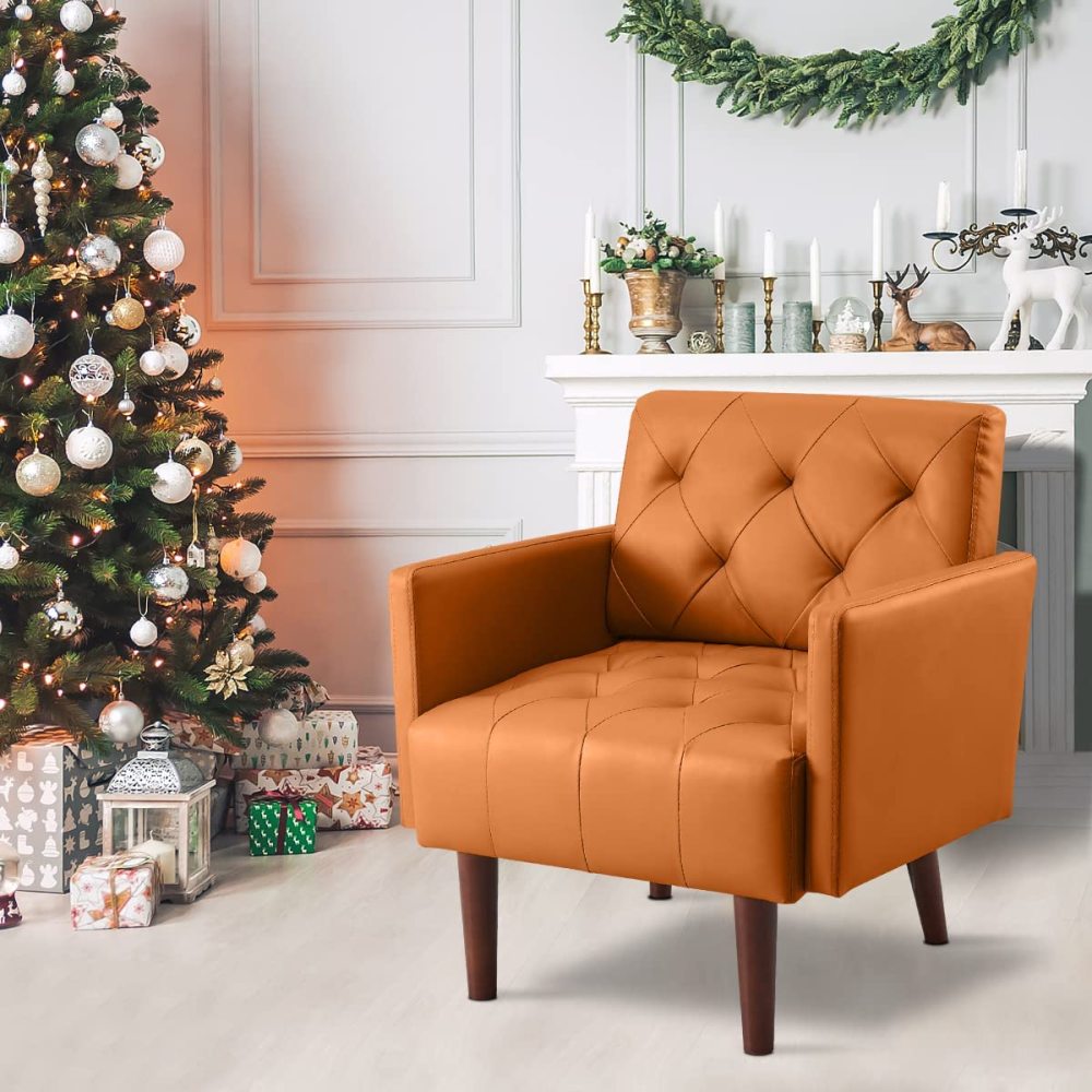 SZLIZCCC PU Leather Accent Chair, Mid Century Modern Armchair for Living Room Reading Tufted Chair Single Sofa High-Density Foam Cushion Solid Wood Legs for Home, Bedroom, Office, Reception(White)