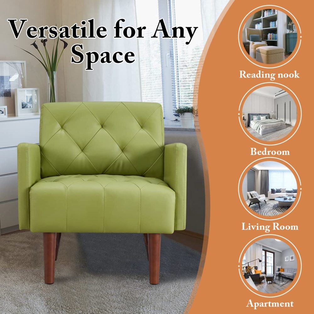 PEIHONGET PU Leather Accent Chair, Mid Century Modern Armchair for Living Room Reading Tufted Chair Single Sofa High-Density Foam Cushion Solid Wood Legs for Home, Bedroom, Office, Reception(White)