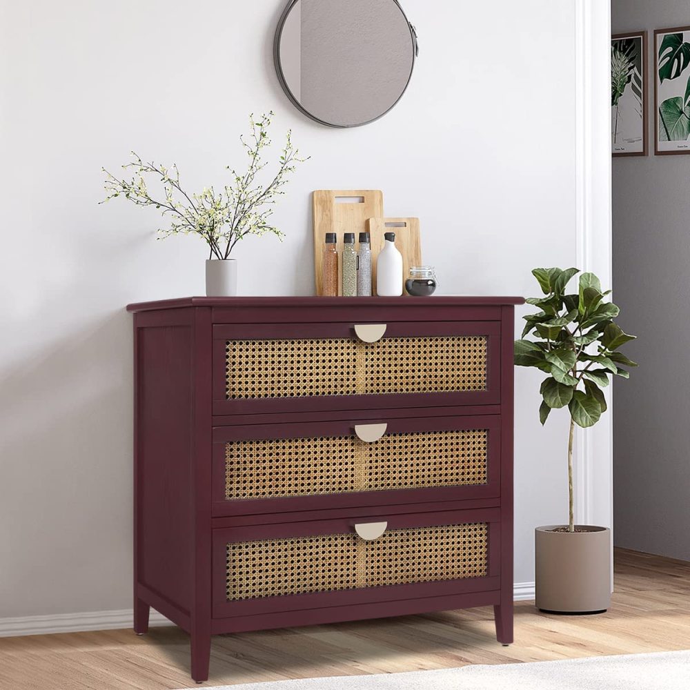 SZLIZCCC 3 Drawer Dresser, Rattan Drawer Chest Modern Wood Storage Chest of Drawers with Metal Handles Storage Dresser for Kids Bedroom, Living Room, Hallway, Entryway (Grey)