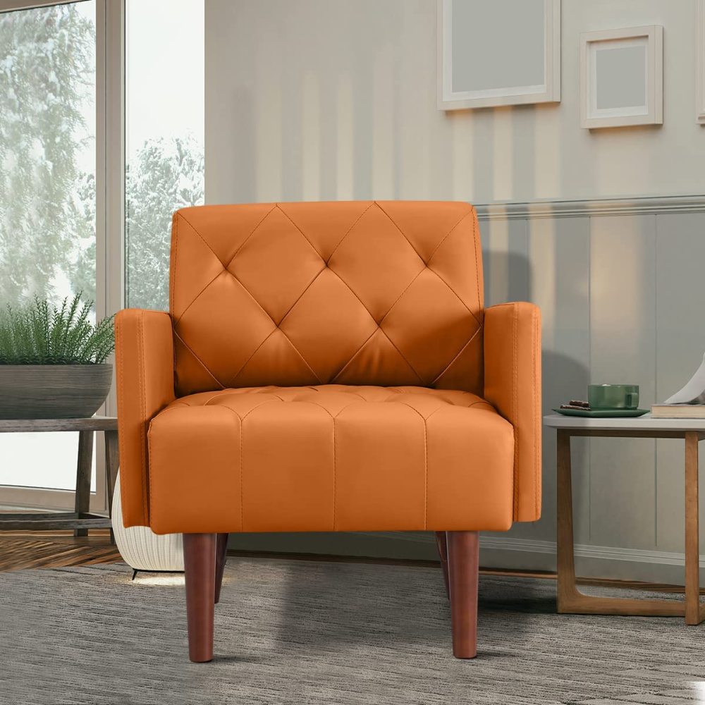 SZLIZCCC PU Leather Accent Chair, Mid Century Modern Armchair for Living Room Reading Tufted Chair Single Sofa High-Density Foam Cushion Solid Wood Legs for Home, Bedroom, Office, Reception(White)