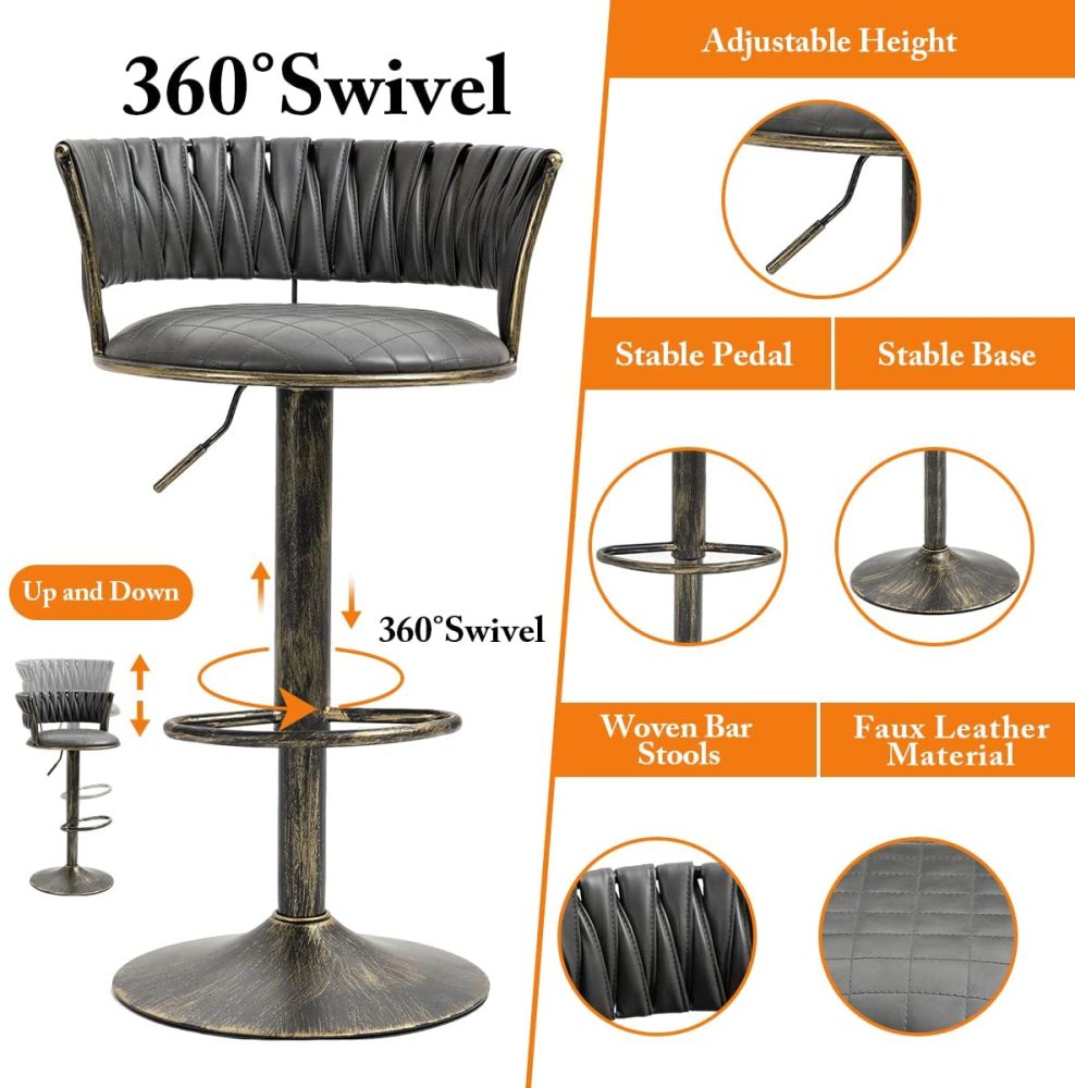SZLIZCCC PU Leather Bar Stools Set of 1，Woven Counter Height Bar Chairs Mid-Century Modern Barstools 360° Swivel Adjustable Bar Chair with Retro Footrest High Back for Island, Dining Kitchen