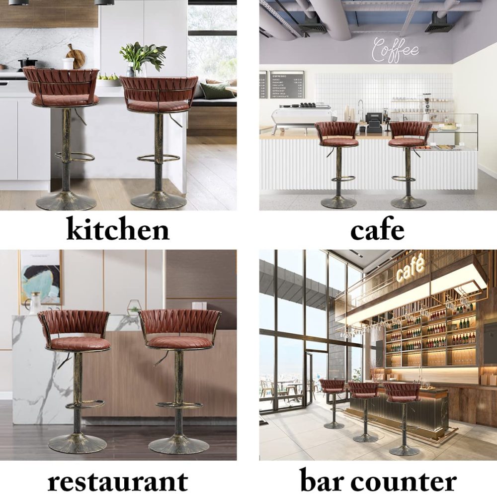 SZLIZCCC PU Leather Bar Stools Set of 1，Woven Counter Height Bar Chairs Mid-Century Modern Barstools 360° Swivel Adjustable Bar Chair with Retro Footrest High Back for Island, Dining Kitchen