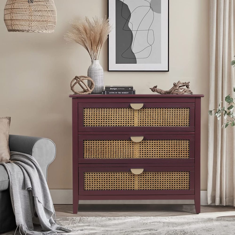 SZLIZCCC 3 Drawer Dresser, Rattan Drawer Chest Modern Wood Storage Chest of Drawers with Metal Handles Storage Dresser for Kids Bedroom, Living Room, Hallway, Entryway (Grey)