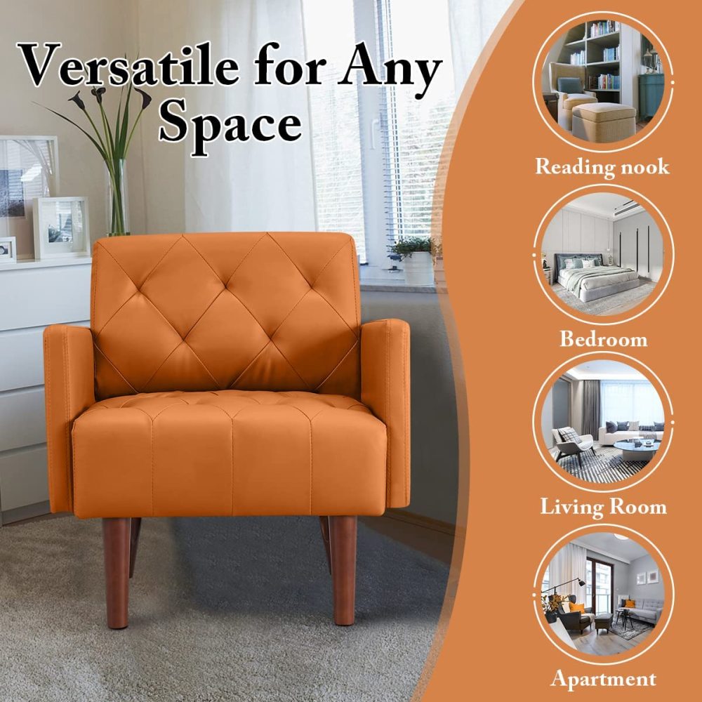 SZLIZCCC PU Leather Accent Chair, Mid Century Modern Armchair for Living Room Reading Tufted Chair Single Sofa High-Density Foam Cushion Solid Wood Legs for Home, Bedroom, Office, Reception(White)