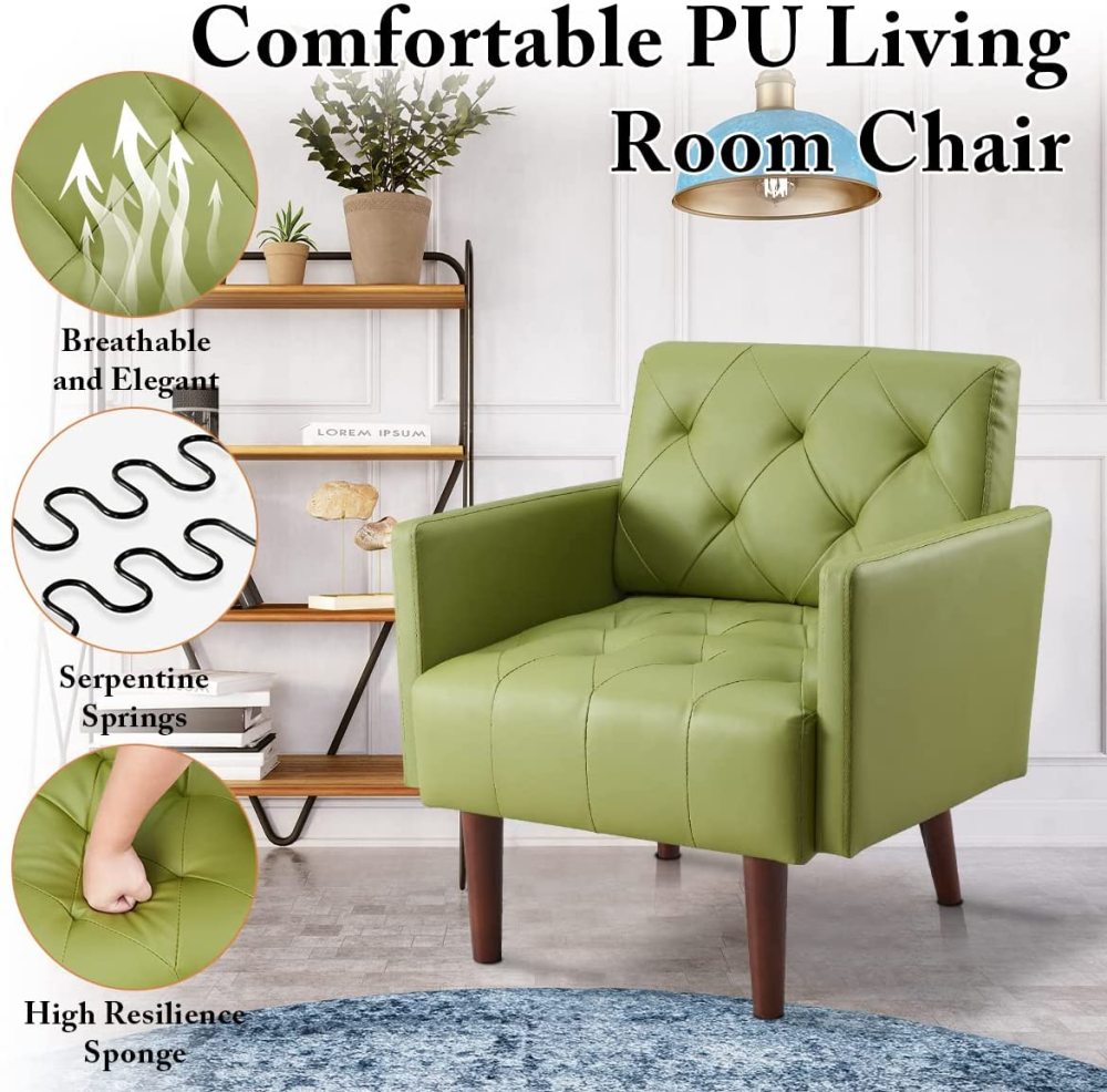 PEIHONGET PU Leather Accent Chair, Mid Century Modern Armchair for Living Room Reading Tufted Chair Single Sofa High-Density Foam Cushion Solid Wood Legs for Home, Bedroom, Office, Reception(White)