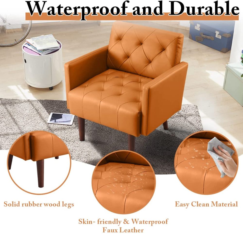 SZLIZCCC PU Leather Accent Chair, Mid Century Modern Armchair for Living Room Reading Tufted Chair Single Sofa High-Density Foam Cushion Solid Wood Legs for Home, Bedroom, Office, Reception(White)