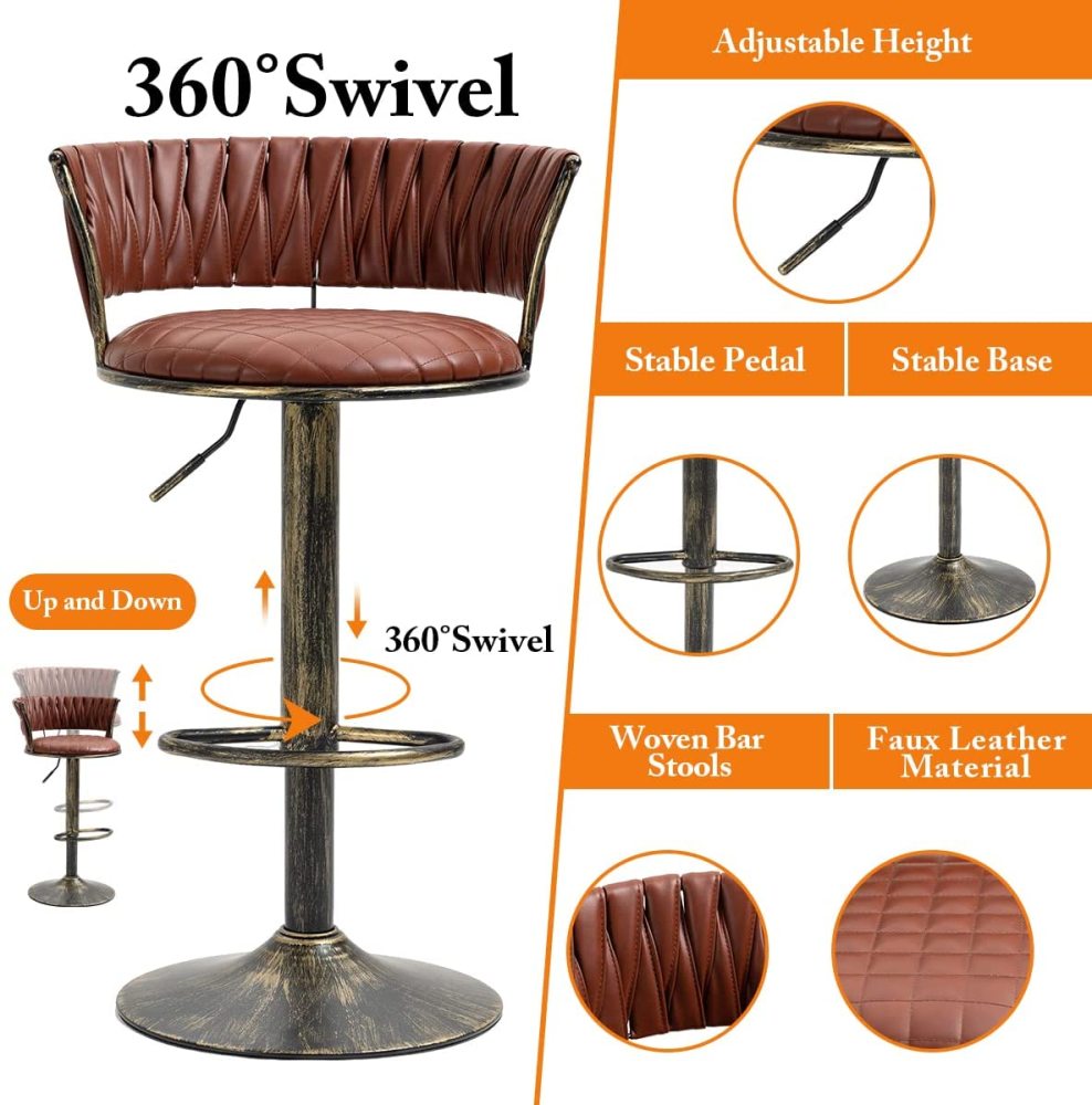 SZLIZCCC PU Leather Bar Stools Set of 1，Woven Counter Height Bar Chairs Mid-Century Modern Barstools 360° Swivel Adjustable Bar Chair with Retro Footrest High Back for Island, Dining Kitchen
