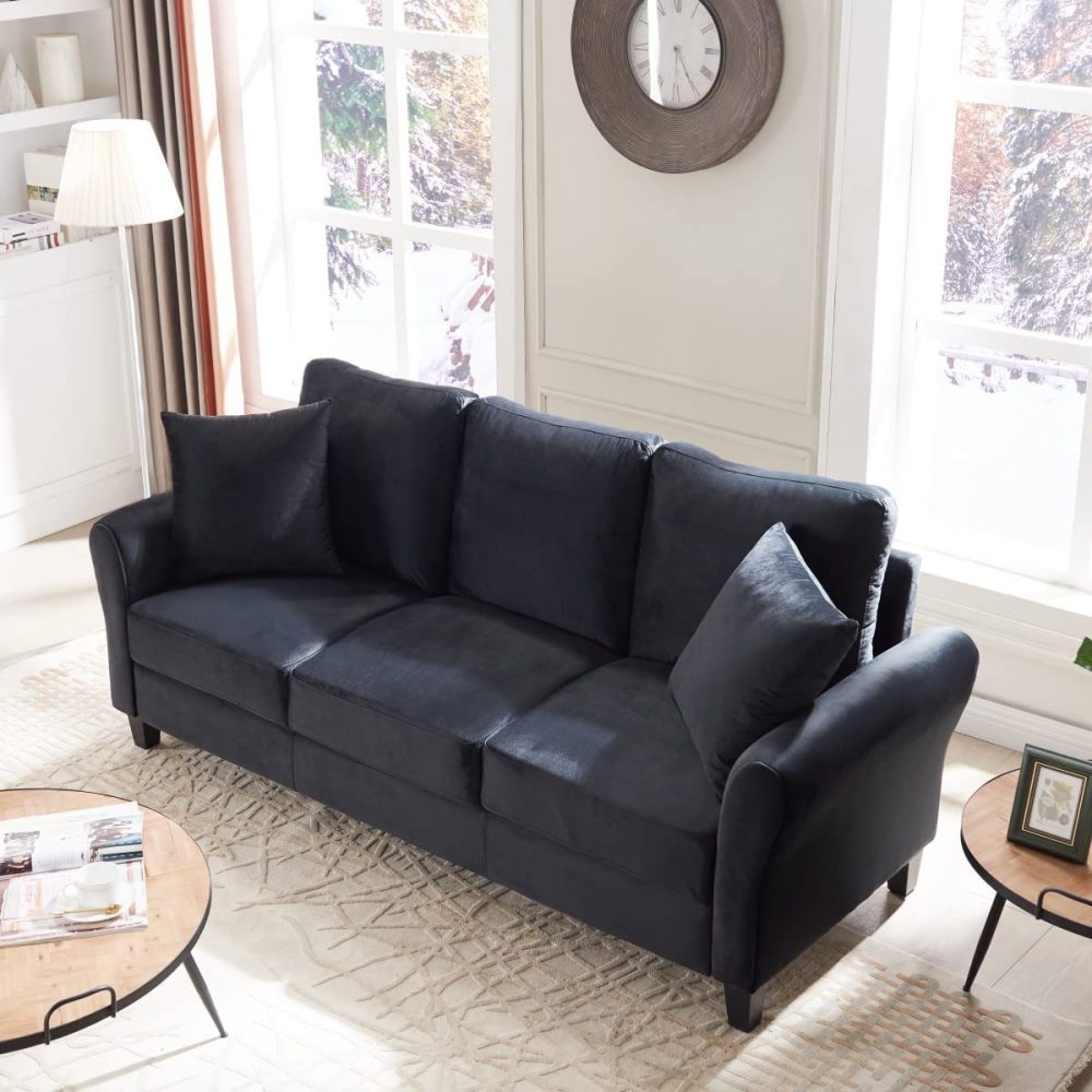 SZLIZCCC 78.35" Mid-Century Modern Living Room Sofa 3 Seater Velvet Sofa Couch with 2 Pillows Armrest and Wood Legs for Bedroom, Apartment, Dorm, Office (Gray)