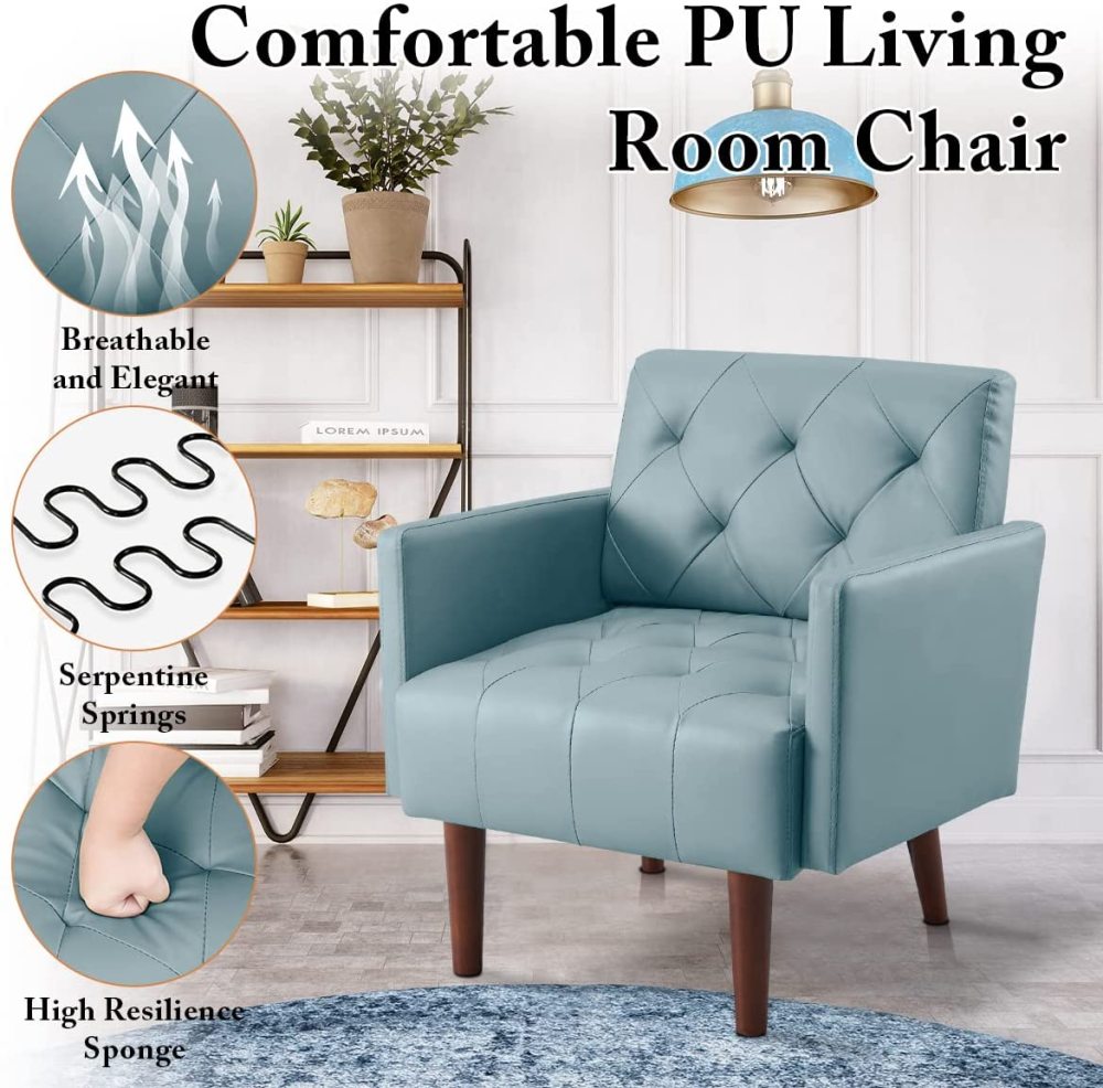 SZLIZCCC PU Leather Accent Chair, Mid Century Modern Armchair for Living Room Reading Tufted Chair Single Sofa High-Density Foam Cushion Solid Wood Legs for Home, Bedroom, Office, Reception(White)