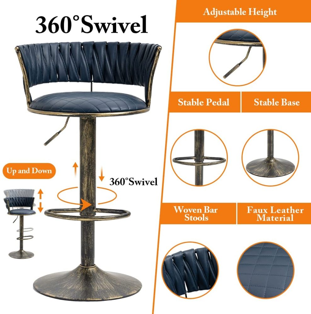 SZLIZCCC PU Leather Bar Stools Set of 1，Woven Counter Height Bar Chairs Mid-Century Modern Barstools 360° Swivel Adjustable Bar Chair with Retro Footrest High Back for Island, Dining Kitchen