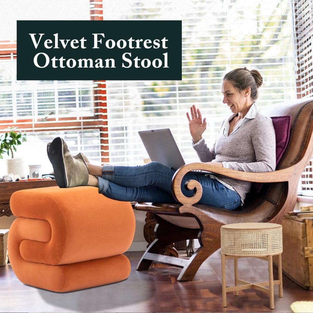 SZLIZCCC S-Shape Velvet Ottoman, Vanity Stool Upholstered Footrest Ottoman Stool Dressing Chair Makeup Rest Stool Chair for Makeup, Living Room, Bedroom(White)