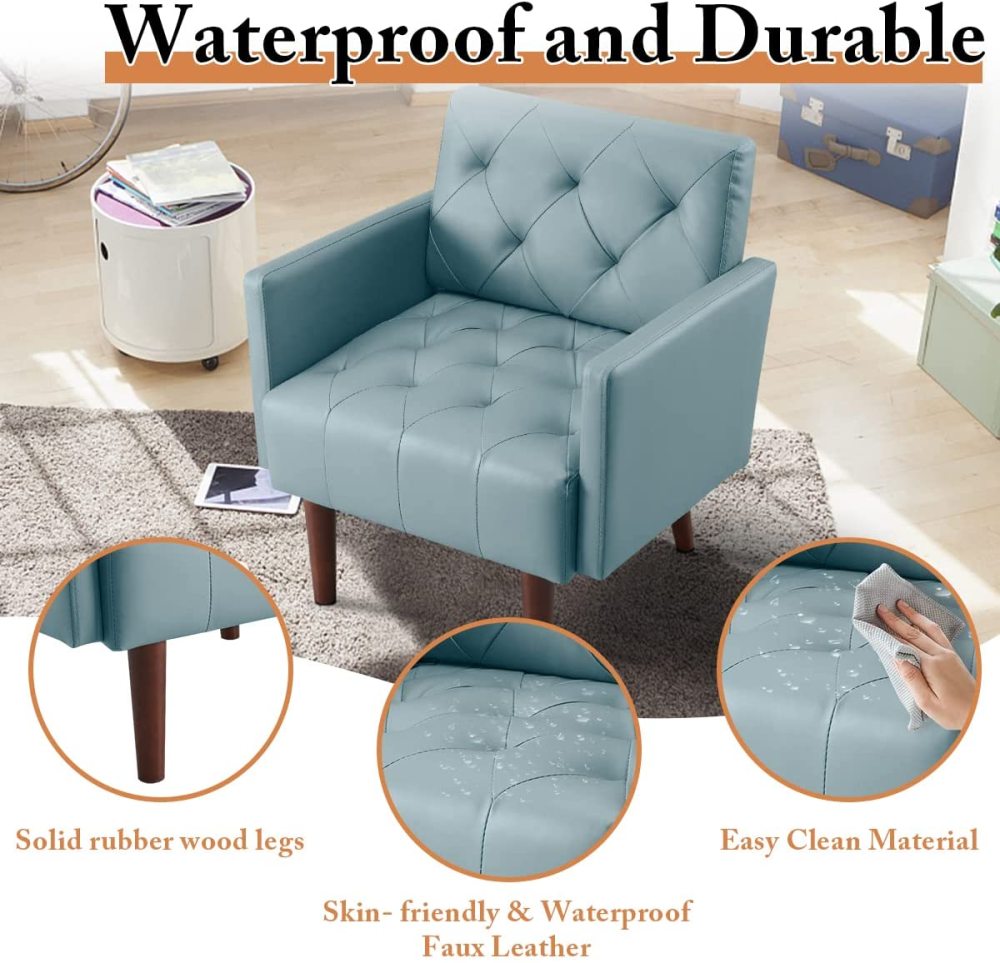 SZLIZCCC PU Leather Accent Chair, Mid Century Modern Armchair for Living Room Reading Tufted Chair Single Sofa High-Density Foam Cushion Solid Wood Legs for Home, Bedroom, Office, Reception(White)