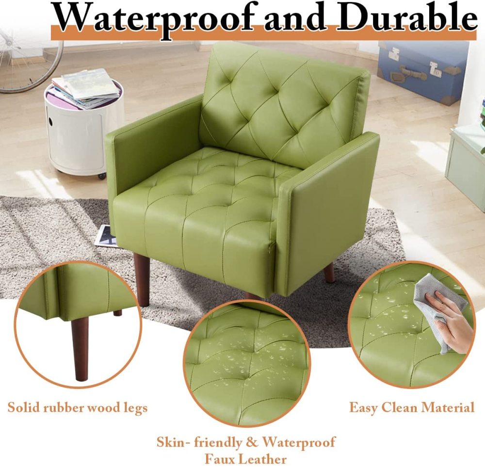 PEIHONGET PU Leather Accent Chair, Mid Century Modern Armchair for Living Room Reading Tufted Chair Single Sofa High-Density Foam Cushion Solid Wood Legs for Home, Bedroom, Office, Reception(White)