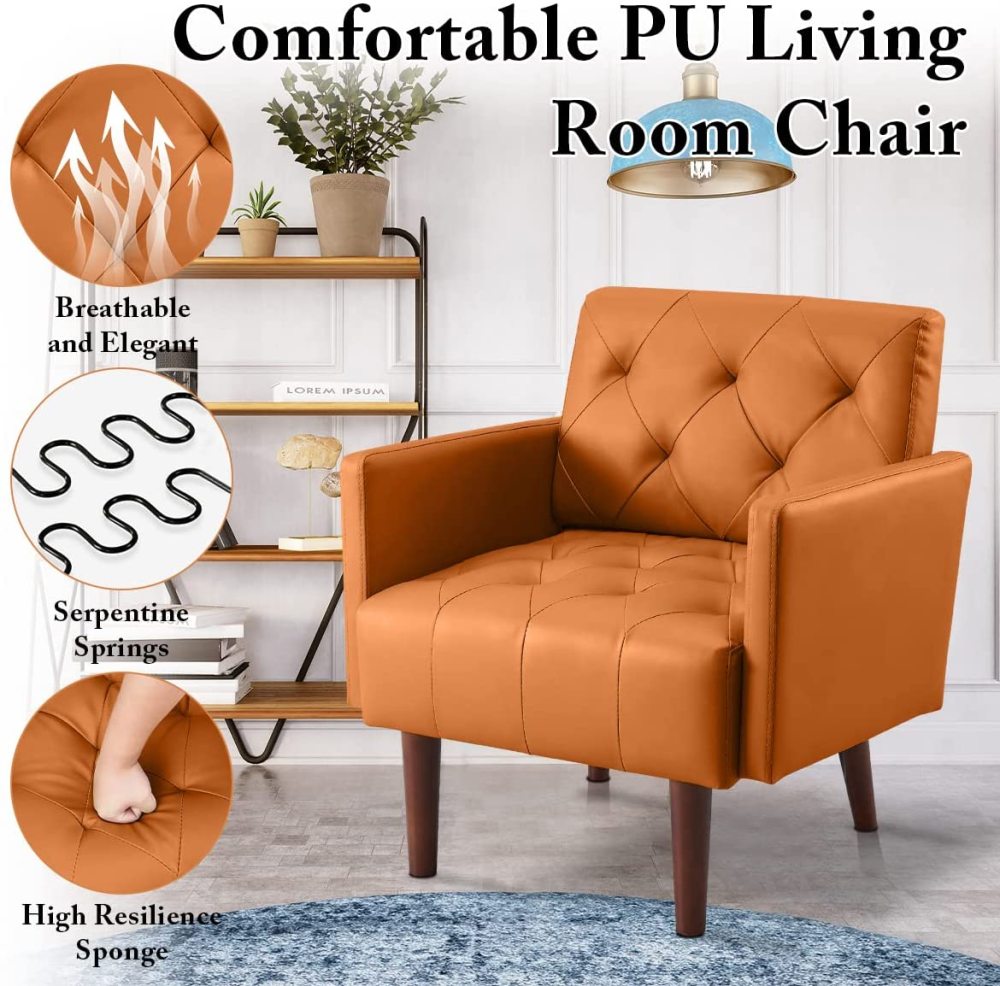 SZLIZCCC PU Leather Accent Chair, Mid Century Modern Armchair for Living Room Reading Tufted Chair Single Sofa High-Density Foam Cushion Solid Wood Legs for Home, Bedroom, Office, Reception(White)