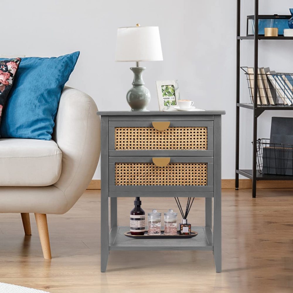 SZLIZCCC Nightstands with 2 Drawers, Rattan Night Stand Bedside Table End Table Standing Storage Cabinet Organizer Dresser Drawer and Shelf for Entryway, Living Room, Bedroom, Nursery(Green)