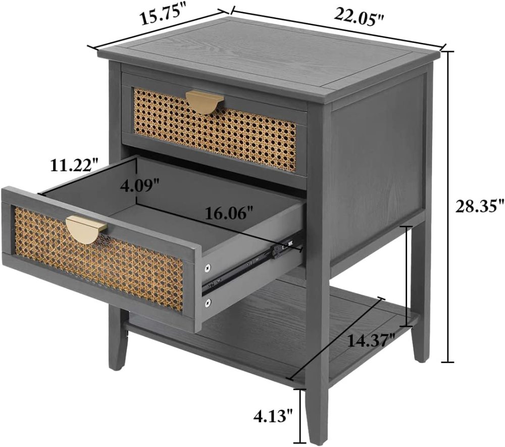 SZLIZCCC Nightstands with 2 Drawers, Rattan Night Stand Bedside Table End Table Standing Storage Cabinet Organizer Dresser Drawer and Shelf for Entryway, Living Room, Bedroom, Nursery(Green)