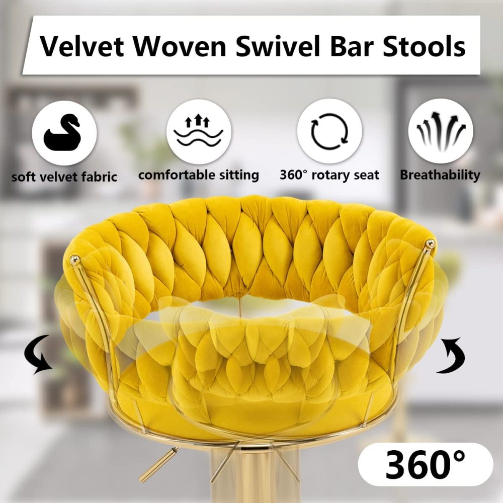 SZLIZCCC Velvet Woven Barstools Set of 2, Height Adjustable Kitchen Counter Stool, Island Chair, 360°Swivel Bar Chairs Gold Metal Chassis and Low Back Bar Stool